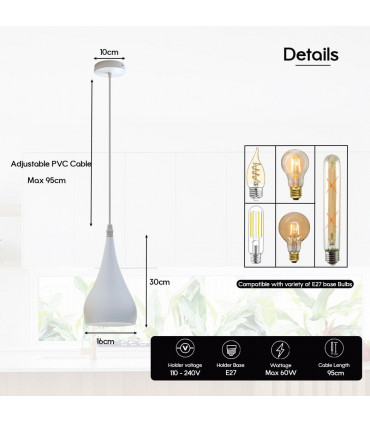 Pendant Light Teardrop White Metal E27 Modern Industrial Hanging Fixture