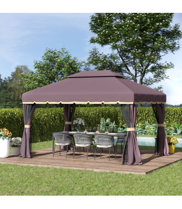 Metal Frame Gazebo with Sides Aluminium Metal Canopy Nets Coffee