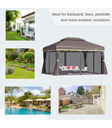 Metal Frame Gazebo with Sides Aluminium Metal Canopy Nets Coffee