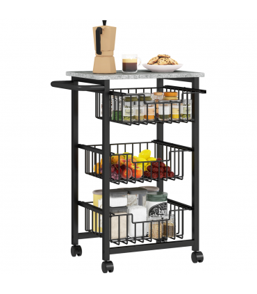 HOMCOM 3-Tier Kitchen Island on Wheels with 3 Pull-Out Baskets, Light Grey