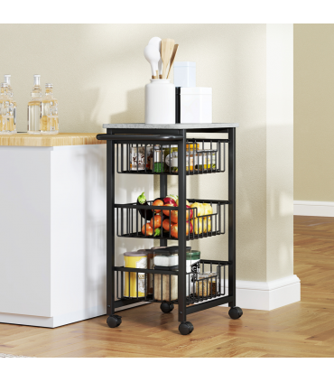 HOMCOM 3-Tier Kitchen Island on Wheels with 3 Pull-Out Baskets, Light Grey