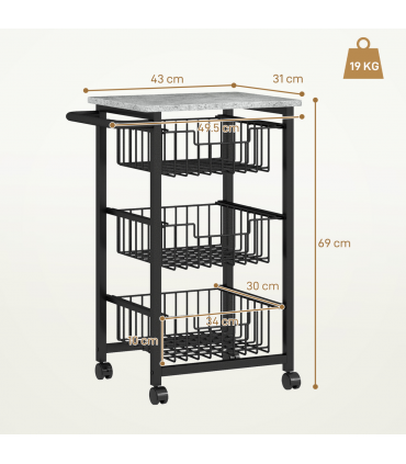 HOMCOM 3-Tier Kitchen Island on Wheels with 3 Pull-Out Baskets, Light Grey
