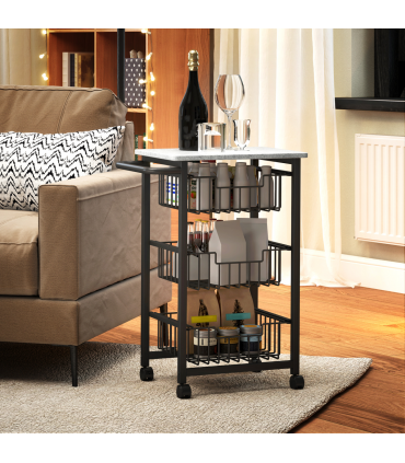 HOMCOM 3-Tier Kitchen Island on Wheels with 3 Pull-Out Baskets, Light Grey