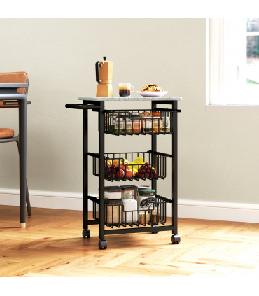 HOMCOM 3-Tier Kitchen Island on Wheels with 3 Pull-Out Baskets, Light Grey