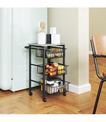 HOMCOM 3-Tier Kitchen Island on Wheels with 3 Pull-Out Baskets, Light Grey