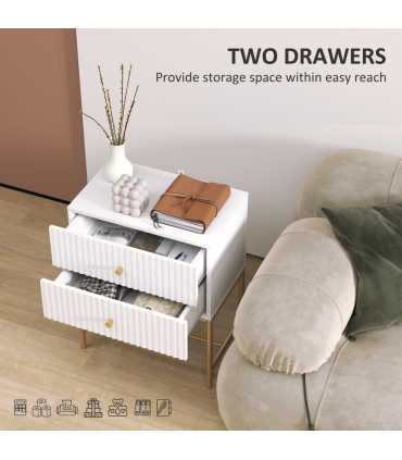 HOMCOM Modern Bedside Table with 2 Drawers for Bedroom, White
