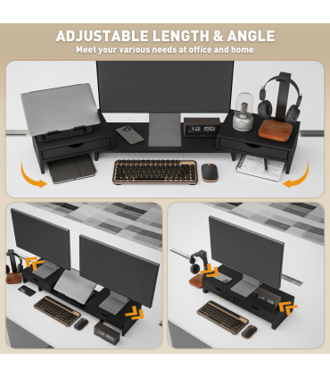 HOMCOM Dual Monitor Stand Riser with Adjustable Length and Angle, Black