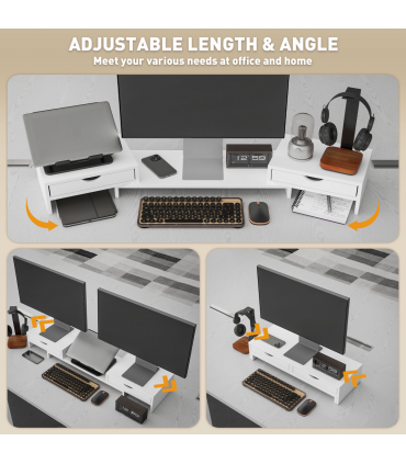 HOMCOM Dual Monitor Stand Riser with Adjustable Length and Angle, White
