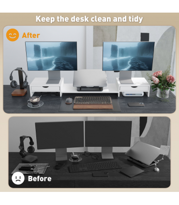 HOMCOM Dual Monitor Stand Riser with Adjustable Length and Angle, White