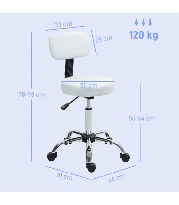 HOMCOM Rolling Stool with Backrest, Wheels, Faux Leather Salon Chair, White