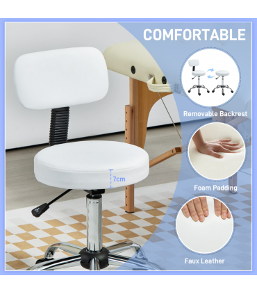 HOMCOM Rolling Stool with Backrest, Wheels, Faux Leather Salon Chair, White
