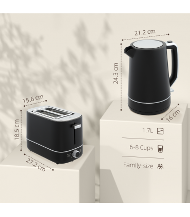HOMCOM 1.7L 3000W Fast Boil Electric Kettle and 2 Slice Toaster Set, Black