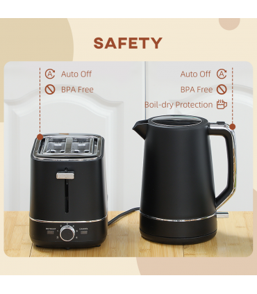 HOMCOM 1.7L 3000W Fast Boil Electric Kettle and 2 Slice Toaster Set, Black
