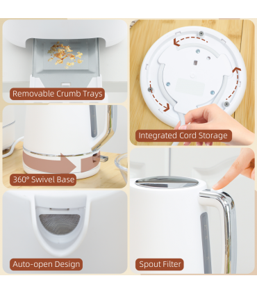 HOMCOM 1.7L 3000W Fast Boil Electric Kettle and 2 Slice Toaster Set, White