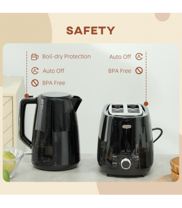 HOMCOM 1.7L Fast Boil Electric Kettle and 2 Slice Water Toaster Set, Black