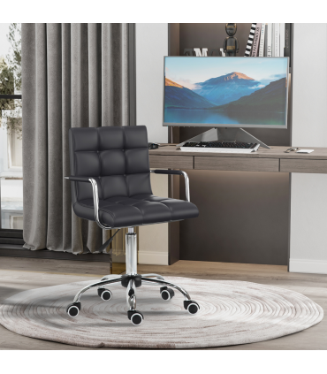 Desk Chair Mid Back PU Leather Swivel Arm Wheel Black 84-99cm Adjustable Height