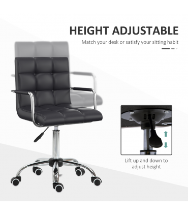 Desk Chair Mid Back PU Leather Swivel Arm Wheel Black 84-99cm Adjustable Height