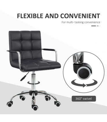 Desk Chair Mid Back PU Leather Swivel Arm Wheel Black 84-99cm Adjustable Height