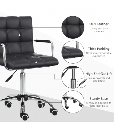Desk Chair Mid Back PU Leather Swivel Arm Wheel Black 84-99cm Adjustable Height