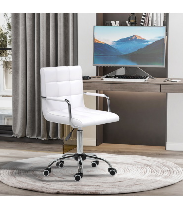 Mid Back PU Leather Home Office Chair Swivel Desk Chair with Arm, Wheel, White