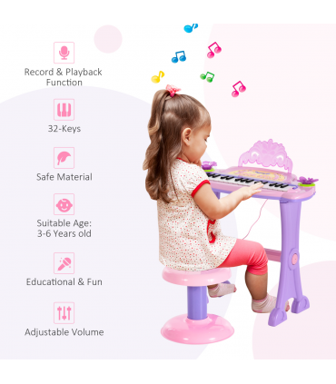 Mini Battery Organ Piano Microphone Stool 32 Key Keyboard Kids Toy
