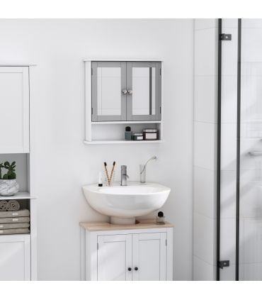 Mirror Cabinet Wall Mounted with Double Mirrored Doors, Hanging Cabinet, Grey