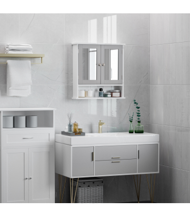 Mirror Cabinet Wall Mounted with Double Mirrored Doors, Hanging Cabinet, Grey