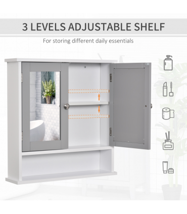 Mirror Cabinet Wall Mounted with Double Mirrored Doors, Hanging Cabinet, Grey