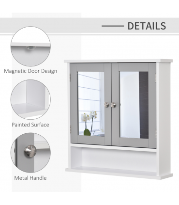 Mirror Cabinet Wall Mounted with Double Mirrored Doors, Hanging Cabinet, Grey