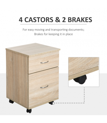 Mobile File Cabinet Wooden Side Table with 2 Drawers Pedestal Office Oak
