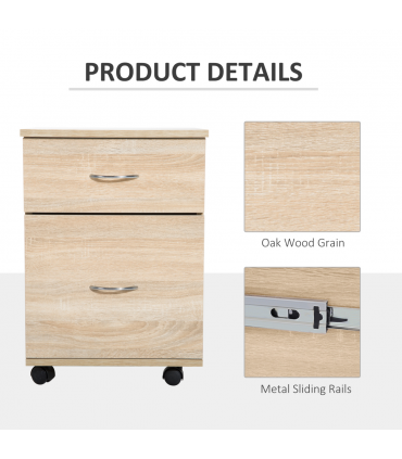 Mobile File Cabinet Wooden Side Table with 2 Drawers Pedestal Office Oak