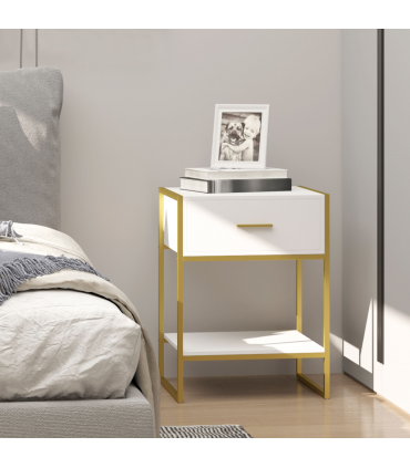 Modern Bedside Table Side Table Nightstand w/ Drawer Shelf White Gold