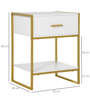 Modern Bedside Table Side Table Nightstand w/ Drawer Shelf White Gold