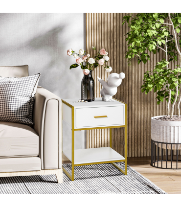 Modern Bedside Table Side Table Nightstand w/ Drawer Shelf White Gold