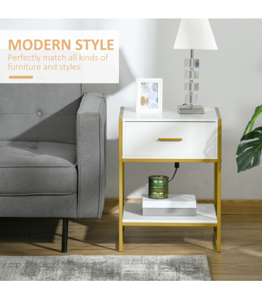 Modern Bedside Table Side Table Nightstand w/ Drawer Shelf White Gold