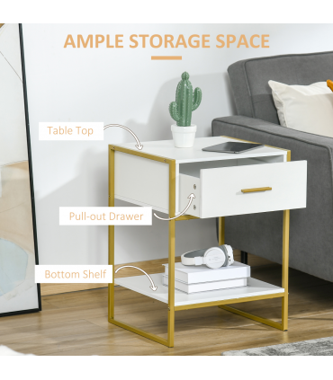 Modern Bedside Table Side Table Nightstand w/ Drawer Shelf White Gold