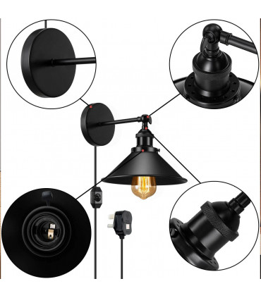 Wall Light Black Metal Shade Diameter 22cm Modern Plugin Wall Light Fitting Cone
