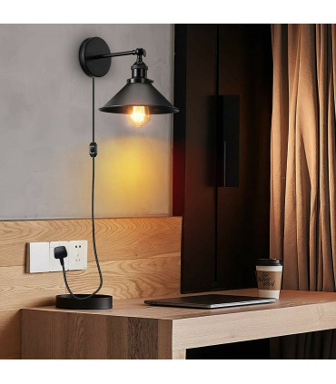 Wall Light Black Metal Shade Diameter 22cm Modern Plugin Wall Light Fitting Cone