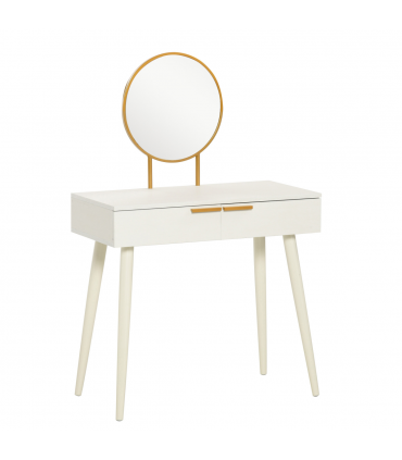 Modern Dressing Table with Round Mirror, Makeup Vanity Table with 2 Drawers White Desk w/ Mirror