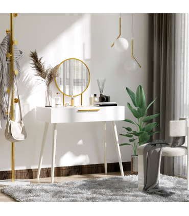 Modern Dressing Table with Round Mirror, Makeup Vanity Table with 2 Drawers White Desk w/ Mirror