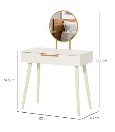 Modern Dressing Table with Round Mirror, Makeup Vanity Table with 2 Drawers White Desk w/ Mirror