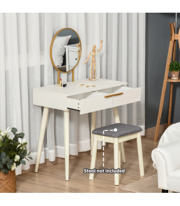 Modern Dressing Table with Round Mirror, Makeup Vanity Table with 2 Drawers White Desk w/ Mirror