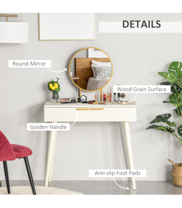 Modern Dressing Table with Round Mirror, Makeup Vanity Table with 2 Drawers White Desk w/ Mirror
