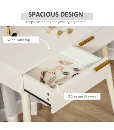 Modern Dressing Table with Round Mirror, Makeup Vanity Table with 2 Drawers White Desk w/ Mirror