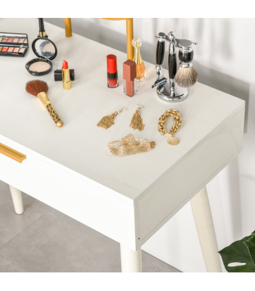 Modern Dressing Table with Round Mirror, Makeup Vanity Table with 2 Drawers White Desk w/ Mirror