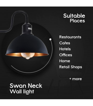 Wall Light Modern Industrial Swan Neck Metal Arm E27 Sconce Black Gold 10x21cm