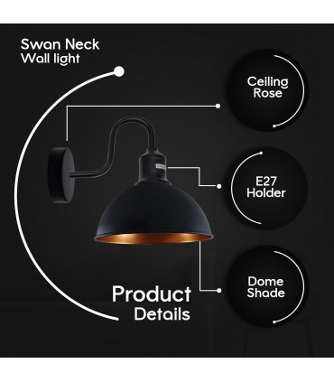 Wall Light Modern Industrial Swan Neck Metal Arm E27 Sconce Black Gold 10x21cm