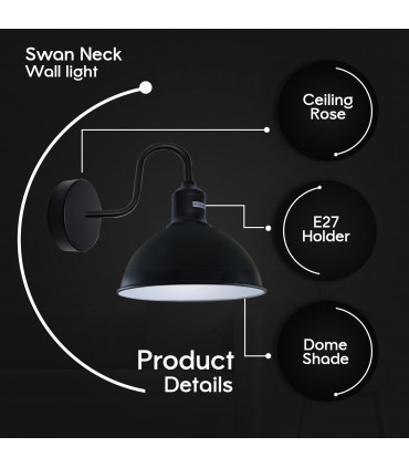 Wall Light Modern Industrial Swan Neck Metal Arm E27 Sconce Black inner white