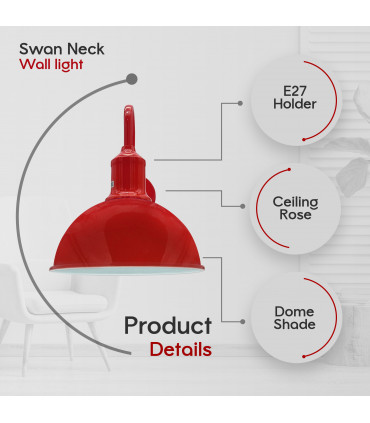 Wall Light Modern Industrial Swan Neck Metal Arm E27 Sconce Red 10cm H x 21cm W
