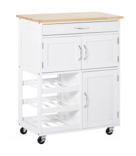 Modern Kitchen Trolley Rolling Island Storage Cart Drawer 9 Bottle Rack White